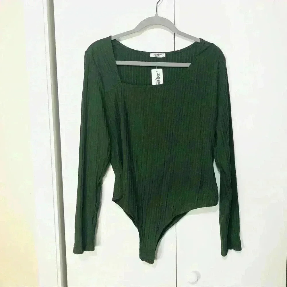 Women Olive Green Stretch Ribbed BodySuit Long Sleeve Asymmetric Neck Size XL